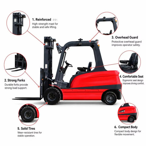 Effortless Electric Forklift Truck And Portable Pallet Stacker with strong forks, compact body, and ergonomic seat for material transport.