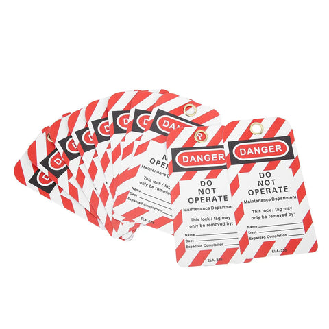 Heavy Duty Lockout Tagout Tags 10 Pack Built Tough For Real Job Sites Danger Do Not Operate PVC labels with clear writable sides.