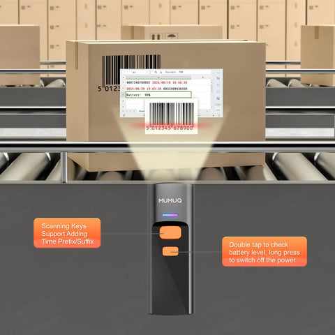Ultra Pocket Sized 2D Barcode Scanner Bluetooth 3 In 1 Wireless USB 2.4G scanning barcode on package on conveyor