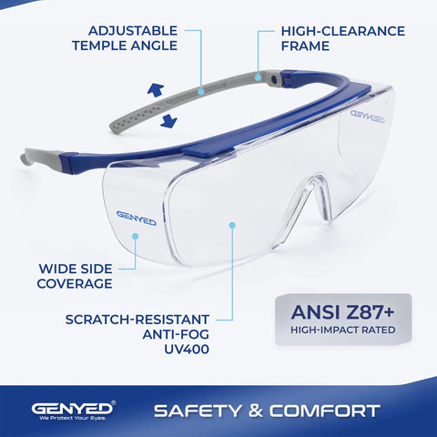 Chill Safety Glasses That Slide Smooth Over Prescription Frames Ansi Certified Anti Fog Scratch Proof Lenses shown with adjustable temple and wide side coverage