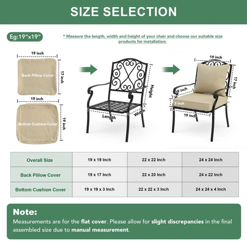 4 Pack Outdoor Chair Cushions Faux Linen For Patio Furniture With Deep Seat Cushions And Plush Backrest Cozy Support Water Resistant Ties And Removable Covers Non Slip Bottom 24 By 24 Inch Nature shown with size chart and measurement guide for fitting.