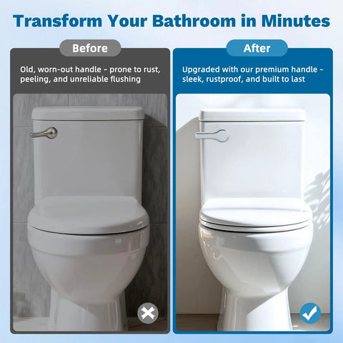 Universal Front Mount Toilet Handle Replacement In Chrome Finish shown on a toilet, before and after upgrade comparison.