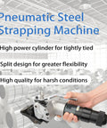 Heavy Duty Pneumatic Steel Strapping Machine For 1.25 Inch Metal Belt showcasing powerful cylinder and split design for flexibility.