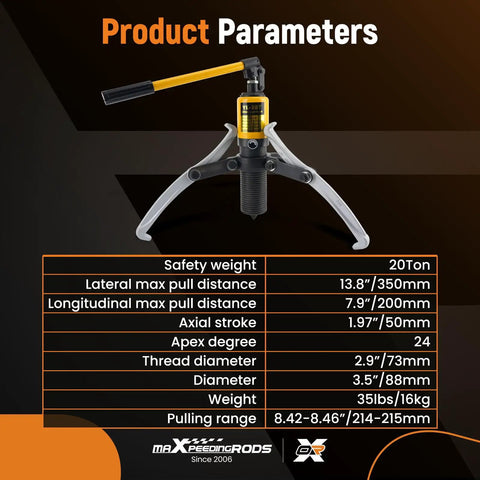 20T Hydraulic Gear Puller Kit With 2 Or 3 Jaw Puller, Wheel Bearing Hub Separator shown with specifications chart