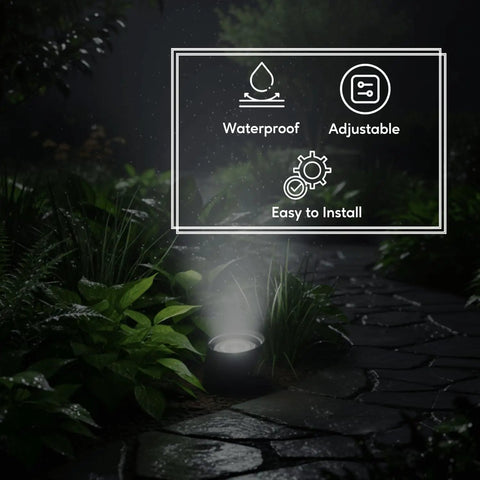 In Ground Well Light Fixture With Clear Cover And Adjustable Gimbal Ring Includes Bulb Cover And Socket Kit Supports Halogen And LED Bulbs Durable Black Outdoor Landscape Lighting illuminating garden pathway at night with waterproof and adjustable features in focus.