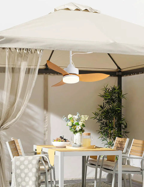 Outdoor Plug In Gazebo Ceiling Fan With Light And Hook IP65 Waterproof Wet Rated Patio Ceiling Fan in wood grain finish