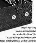 Detailed view of mesh desk paper tray organizer with decorative metal lace design and crystal accents, sized 12.9x9x2.9 inches.