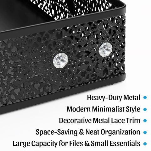 Detailed view of mesh desk paper tray organizer with decorative metal lace design and crystal accents, sized 12.9x9x2.9 inches.