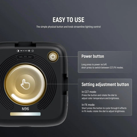 Close-up of control buttons on Entry Level Magnetic LED Camera Light with 96 LED Bi Color Panel, Rechargeable 2000mAh Battery