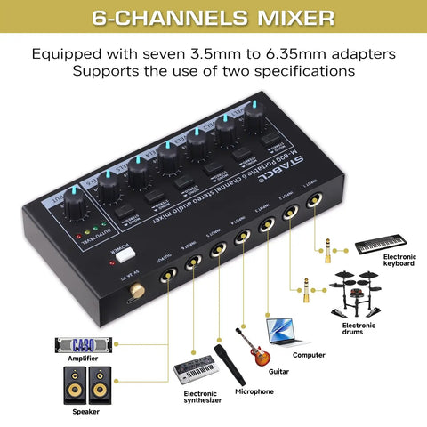Six Channel Portable Mini Audio Mixer With 6.35mm To 3.5mm Adapters Stereo Mono Switch for mic, guitar, keyboard and bass.
