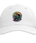 Dope Adjustable Printed Baseball Hat With Vibrant Rickshaw And Tropical Asia Graphic for travel adventures, white fabric with colorful design.