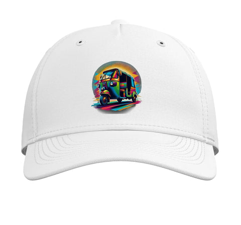 Dope Adjustable Printed Baseball Hat With Vibrant Rickshaw And Tropical Asia Graphic for travel adventures, white fabric with colorful design.