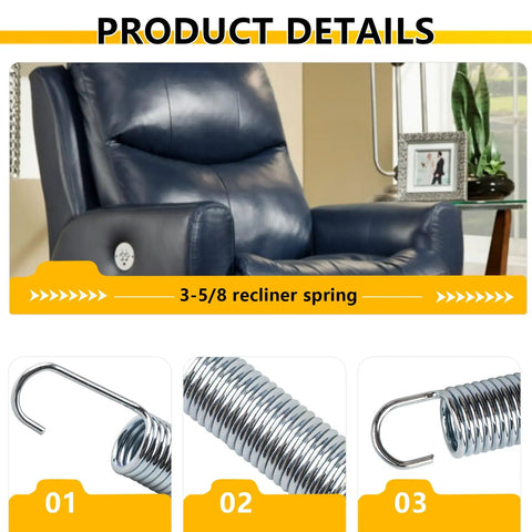 Heavy Duty Three Five Eighth Inch Recliner Tension Springs Four Pack With Slick Deflecting Hooks, detailed image of springs with hooks.
