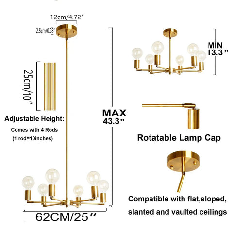 6 Light Sputnik Chandelier In Modern Gold Brushed Brass Mid Century Pendant Light Semi Flush Mount Rotatable 180 Degree Lamp Cups For Dining Kitchen Living Room Bedroom Lighting
