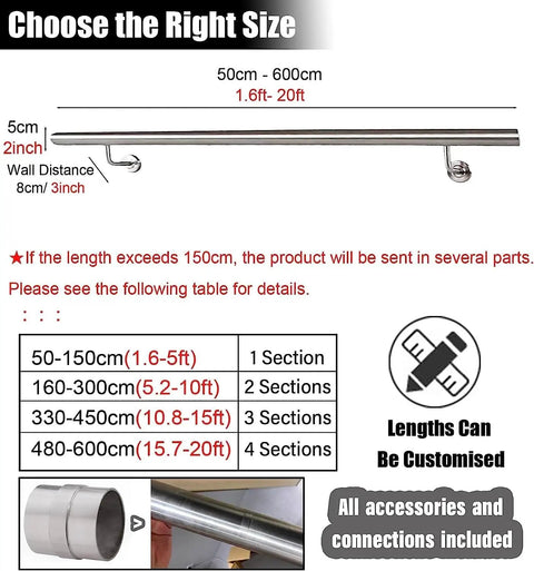 Heavy Duty Stainless Steel Handrail Kit For Indoor And Outdoor Decks Stairs And Balconies With No Sweat Wall Mount Setup and Pro Grade Two Inch Tubing Safety Guard Rail System size guide infographic.