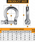 Stainless Steel 304 Bow Shackle Set, 4 Pieces, 5 32 Inch Screw Pin D Ring Shackles size chart and dimensions for camping use.