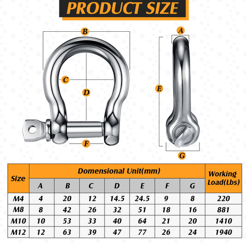Stainless Steel 304 Bow Shackle Set, 4 Pieces, 5 32 Inch Screw Pin D Ring Shackles size chart and dimensions for camping use.