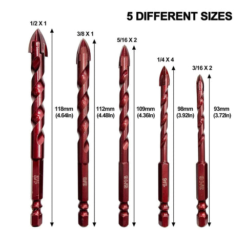 FEWELL 5-piece masonry drill bit set, red-coated bits; sizes 1/2x1, 3/8x1, 5/16x2, 1/4x4, 3/16x2