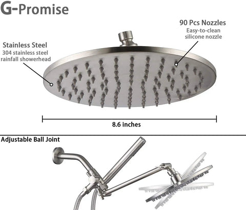 All Metal Dual Shower Head Combo With 8 Inch Rainfall Head Handheld Spray Wand Three Way Diverter Adjustable Extension Arm