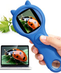 Go-To Pocket Sized Explorer 500X Handheld Digital Microscope For Kids With 2 Inch IPS Screen Portable STEM Toy For Travel Camping And School Projects Ages 5-12 Dark Blue, held with ladybug close-up