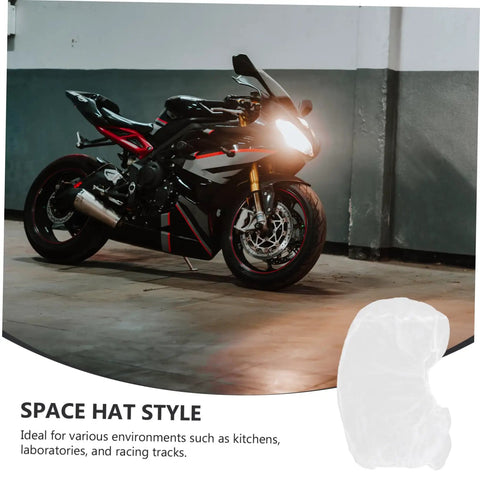 50 Count Elastic Hair Wraps Designed To Keep Your Mane Locked Tight While You Crush Every Shift At The Kitchen Cleanroom Or Facility Breathable Light Fabric Sticks Secure For Zero Fuss Dust Control On The Fly with a motorcycle in the background.