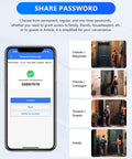 Smart Fingerprint Door Lock With WiFi Enabled And Free App Five In One Biometric Lock Featuring Fingerprint Anti Peep Password IC Cards Included TTLock App And Physical Key Share Ekey Matte Black Finish For Modern Home, showing app interface and password sharing options on smartphone, with user scenarios.