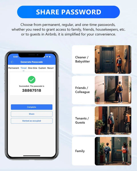 Smart Fingerprint Door Lock With WiFi Enabled And Free App Five In One Biometric Lock Featuring Fingerprint Anti Peep Password IC Cards Included TTLock App And Physical Key Share Ekey Matte Black Finish For Modern Home, showing app interface and password sharing options on smartphone, with user scenarios.