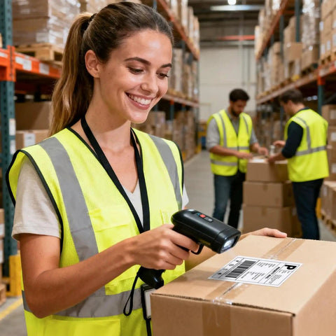 Worker scanning box with 4x3 Inch Thermal Label Roll For Small Business in warehouse, surrounded by shelves and packed boxes.