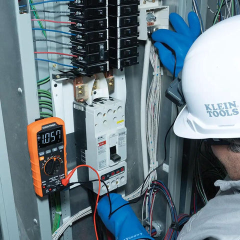 Rugged Digital Multimeter With Auto-Ranging TRMS LoZ Ghost Voltage Elimination used by electrician in electrical panel