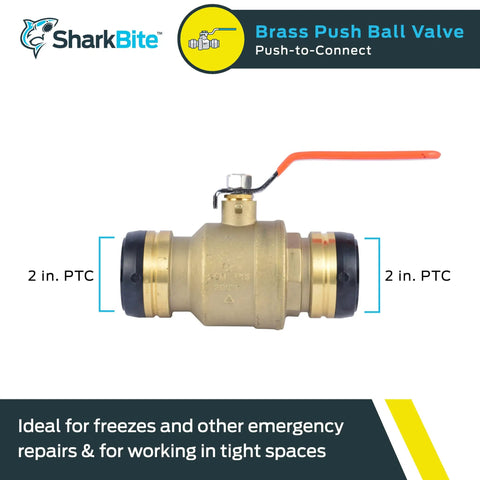 2 Inch Brass Push To Connect Ball Valve For PEX Copper CPVC PE-RT And HDPE Pipes, tool-free fitting, side view.