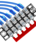 Pro Grade Dual Row Screw Terminal Block Kit with wires connected, showing 6-position option, 600V 15A, for electronics projects.