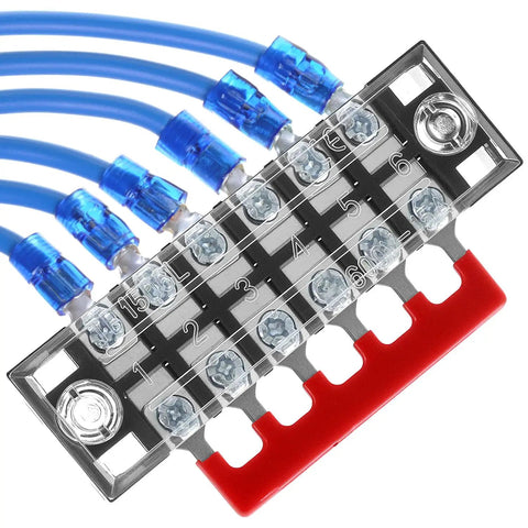 Pro Grade Dual Row Screw Terminal Block Kit with wires connected, showing 6-position option, 600V 15A, for electronics projects.