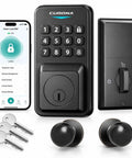 Keyless Entry Door Lock With Smart Knob Set And App Control Generating One Hundred Secure Pin Codes For Family Or Guest Access No Hassle Diy Install And Rock Solid Weather Proof Performance shown with smartphone, keys, and knob.