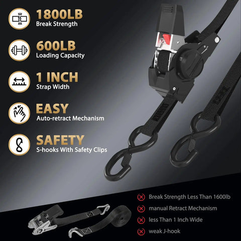 1 Inch By 10 Feet Heavy Duty Retractable Ratchet Straps 4 Pack 1800 Lb Break Strength Auto Retract Webbing with safety hooks.