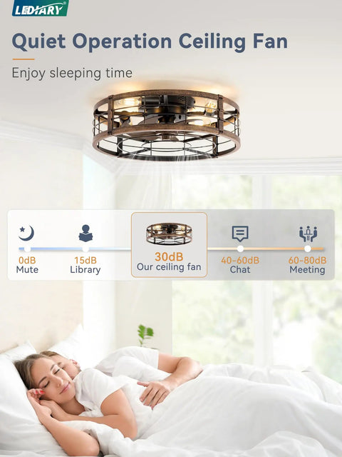 20-Inch Caged Ceiling Fan With Light And Remote, Low-Profile Flush Mount Fandelier shown in bedroom setting