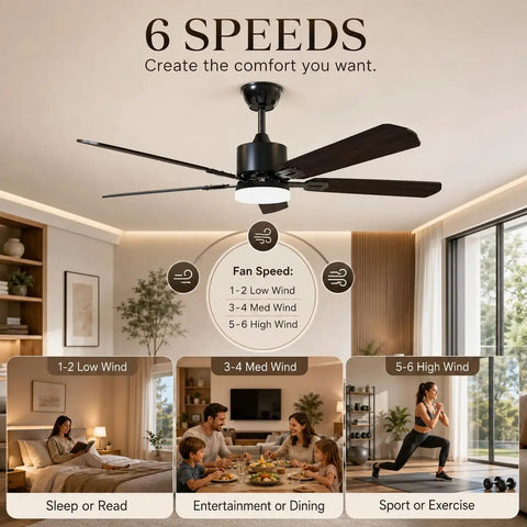 42 Inch Reversible Ceiling Fan With Integrated Light And Wireless Remote Providing Six Hella Quiet Speeds And Kickin Cooling Airflow For Your Ultimate Room Refresh, showing 6 speed options.