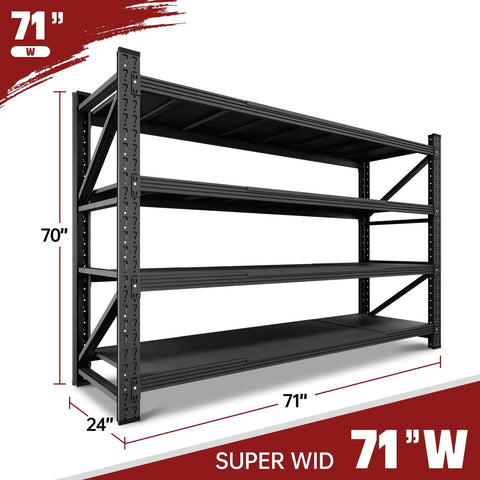 Beefy 5000 Lb Garage Shelving Unit, Extra Wide 71 Inch W by 24 Inch D Steel Shelves, side view showing dimensions