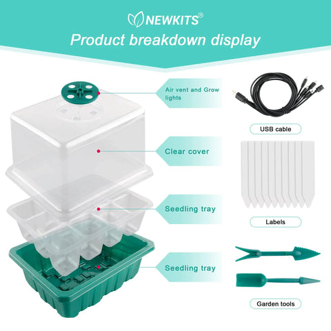 Seed Starter Tray With Built In Grow Light Humidity Dome And Base 12 Cell Germination Kit For Greenhouse Wheatgrass And Hydroponics Easy Garden Starter System For Home Gardeners