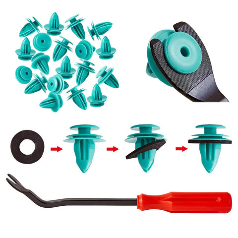 100 Piece Heavy Duty Nylon Trim Door Panel Retainer Clips Replaces Oem 90467 10188 For Toyota Camry Corolla Tundra Tacoma Includes Quick Release Tool and assembly visuals.