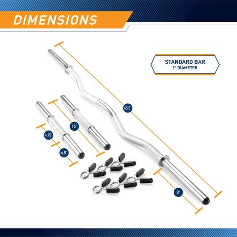 Dimensions of Standard Size Curl Bar And Dumbbell Handle Set with 1-inch diameter and 47-inch bar, for home gym use.