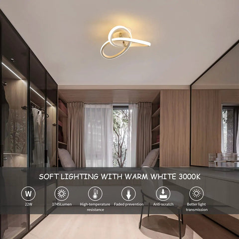 Spiral LED Ceiling Light Fixture, Modern Semi Flush Mount 22W Warm White 3000K in bedroom