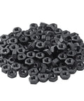 100 Pack Premium Black Plastic Hex Nuts M3 0.5 Millimeter Coarse Thread Fasteners stacked together, showing details and texture.