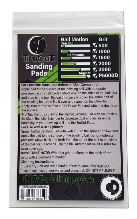 TruCut Sanding Pads packaging showing 6-pack grits 500 to 5000 for Bowling Ball Sanding Pads 6 Pack All Grits 500 1000 1500 2000 3000 5000 Resurfacing Set
