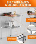 Stainless Steel Utility Work Table On Wheels 24 By 36 Heavy Duty Kitchen Cart With Adjustable Undershelf For Commercial Kitchen