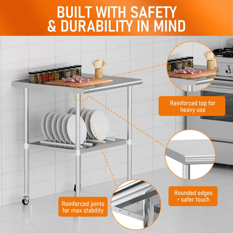 Stainless Steel Utility Work Table On Wheels 24 By 36 Heavy Duty Kitchen Cart With Adjustable Undershelf For Commercial Kitchen