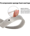 Kick Out Drafts With Premium Heavy Duty Foam Weather Stripping Tape Adhesive Door And Window Seal Half Inch Thick PU Compression Sponge Roll, showing flexible gray foam tape.