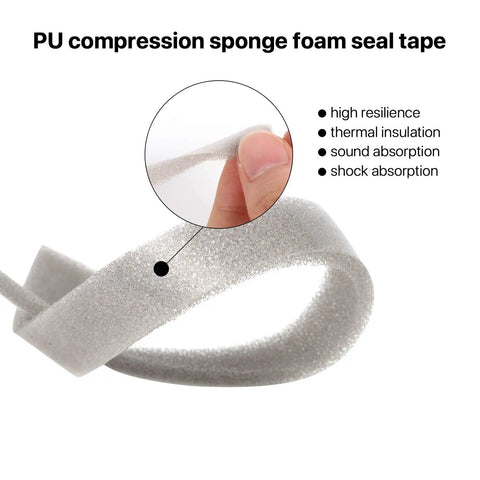 Kick Out Drafts With Premium Heavy Duty Foam Weather Stripping Tape Adhesive Door And Window Seal Half Inch Thick PU Compression Sponge Roll, showing flexible gray foam tape.