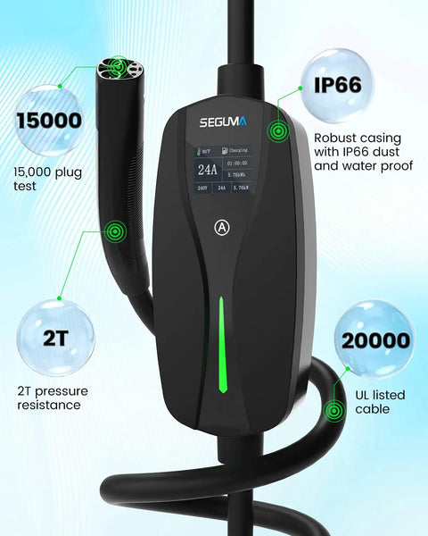 Straight Up Heavy Duty Nema 10 30 Level 2 EV Charger with Nacs Connector, showing IP66 casing and charging dial.