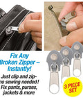 Three Piece Zipper Repair Kit In Silver Quick Clip And Zip Zipper Fix For Jeans Purses Jackets And More No Sewing Needed Durable Polypropylene Set Of 3 Easy To Use Tools For Fast Repairs.