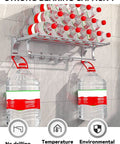 Wall-mounted storage rack showcasing strong bearing capacity with multiple water bottles for kitchen organization.